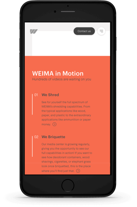 Weima in motion section shown on mobile
