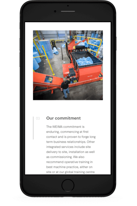 Weima commitment section of the about page shown on mobile