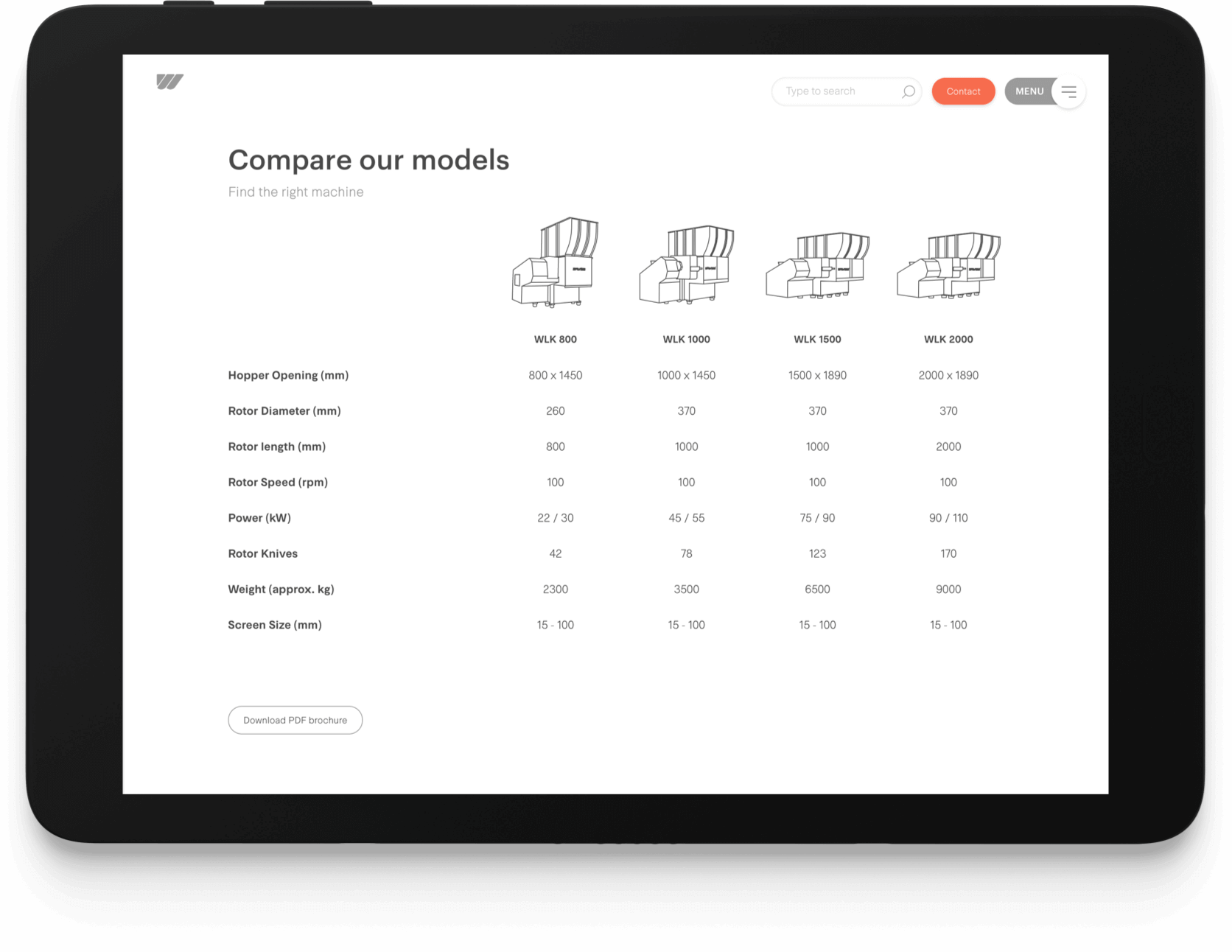 Vergelijk Weima machine-modellen afgebeeld op tablet