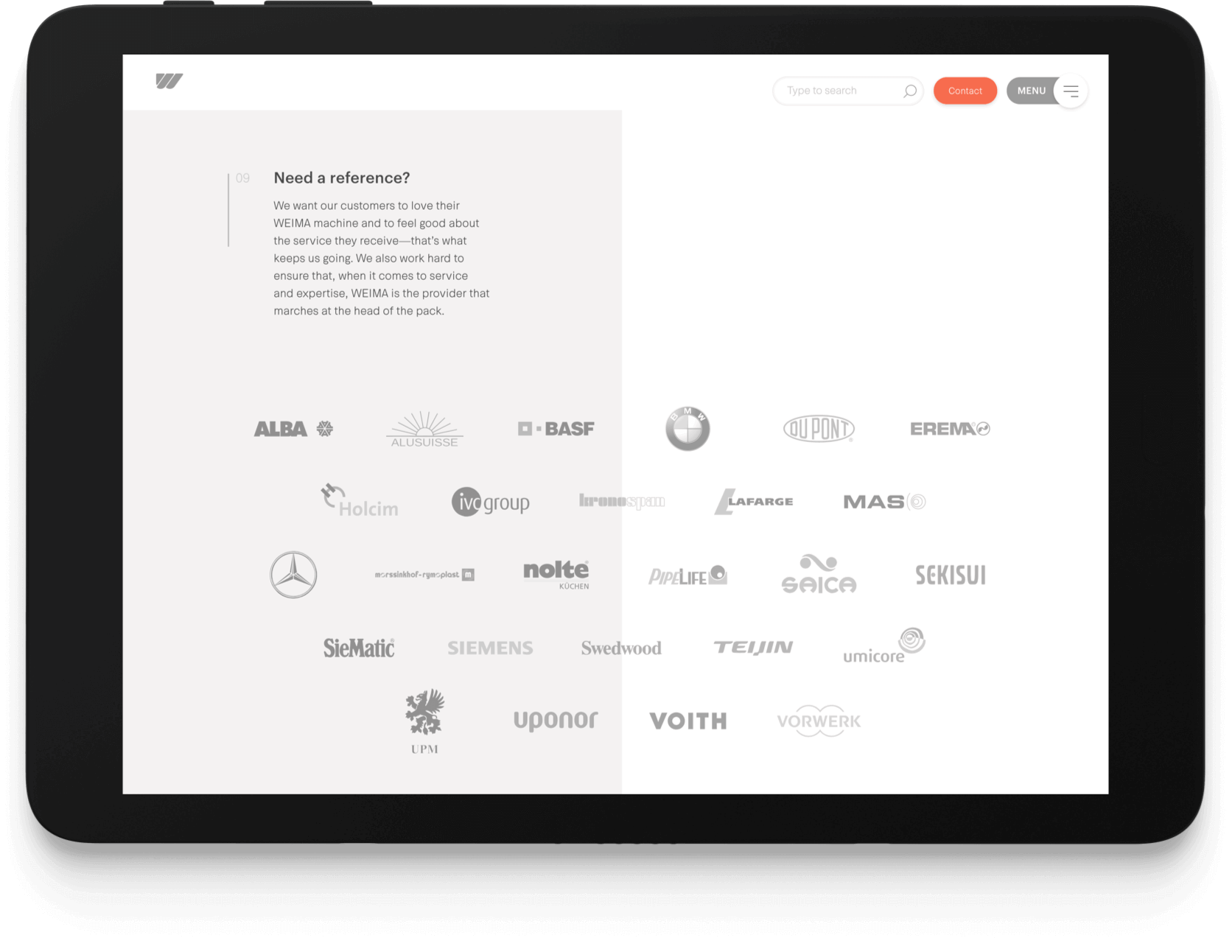 Weima logo's van klanten afgebeeld op tablet